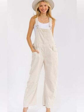 A319. Neutral Cream Corduroy Barrel Overalls - Timeless Casual Style